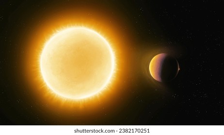 Sun-like star with a planet. An exoplanet approached the sun. Terrestrial planet in orbit around a yellow dwarf. - Powered by Shutterstock