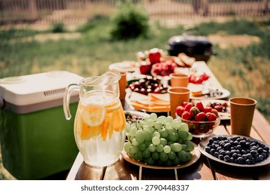 A sunlit backyard picnic spread featuring a glass pitcher of citrus lemonade, bowls of grapes, strawberries and blueberries, paper cups and a cooler for a relaxed outdoor summer gathering.