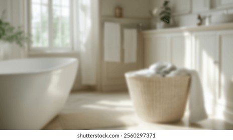 Sunlit Bathroom with Freestanding Tub and Laundry Basket - Powered by Shutterstock - Get 15% off with code: PIKWIZARD15