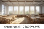 Sunlit Classroom with Wooden Desks and Large Windows