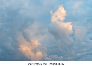 Sunlit cloudscape with varying textures, dynamic movement, contrasting light and shadow, naturalistic style, soft color palette white, gray, blue, no human-made structures, focusing on cloud format
