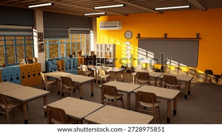 Sunlit empty elementary school classroom with wooden desks prepared for students to sit and learn. Educational institution lecture hall prepared for pupils academic lessons