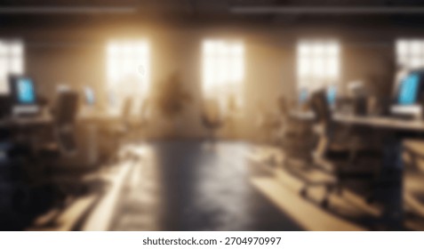 Sunlit empty office space with workspace interior, modern, and bright.