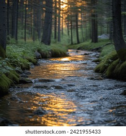 A sunlit forest stream flows through mossy banks between tall trees, reflecting the golden light of sunset.