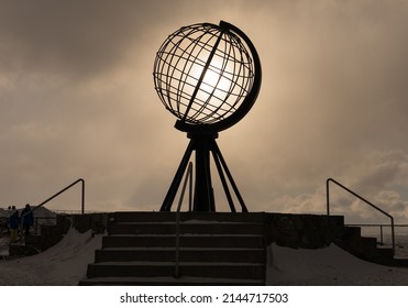 The sunlit globe at Nordkapp in Norway.