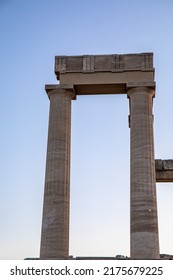 Sunlit Lindos Acropolis On Rhodes, Greece, Sunset