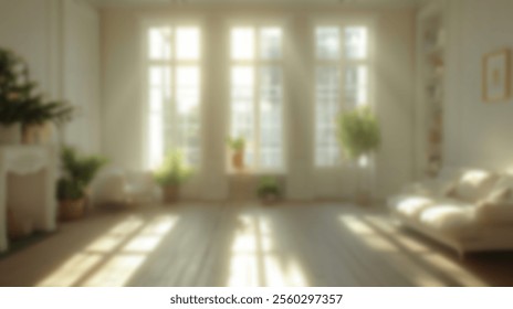 Sunlit Living Room with Plants and a Beige Sofa - Powered by Shutterstock