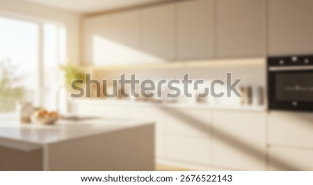 A sunlit, modern kitchen interior showcasing soft, warm tones and a sense of spaciousness.