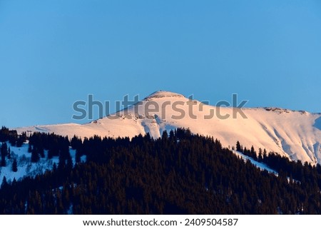 Sunlit Mont Joly in Europe, France, Rhone Alpes, Savoie, Alps, in winter on a sunny day.