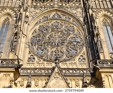 Sunlit rose window framed by ornate arches and carved portal, warm sandstone glow highlights tracery, sculpted