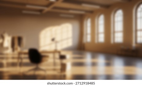 Sunlit studio loft with large arched windows and workspace.
