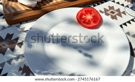 Sunlit tomato slice on empty plate evokes Mediterranean simplicity, echoing Fete de la Tomate and Shadow Art Festival vibes