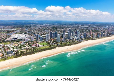 Sunny aerial view of Broadbeach looking inland on the Gold Coast, Queensland, Australia - Shutterstock ID 794460427
