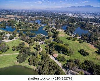 Sunny aerial view of Whittier Narrows Recreation at South El Monte, Los Angeles County, California