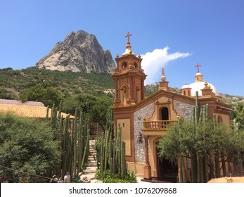 Sunny Afternoon In Peña De Bernal, Querétaro. Church On The Slopes Of The Rock