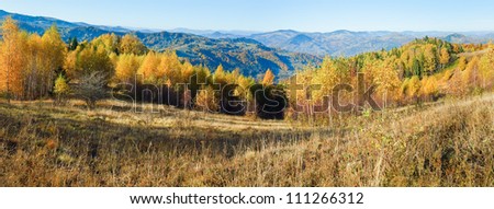 Similar – Image, Stock Photo Autumn mountain panorama. Sunny meadow and colorful forest