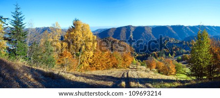 Similar – Image, Stock Photo Autumn mountain panorama. Sunny meadow and colorful forest