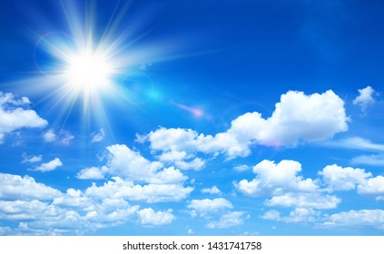 Sunny background, blue sky with white clouds and sun, 3D illustration.