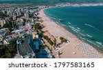 Sunny Beach, Burgas, Bulgaria - Aerial photo above tourist destination on the Bulgarian Black Sea coast. 2020