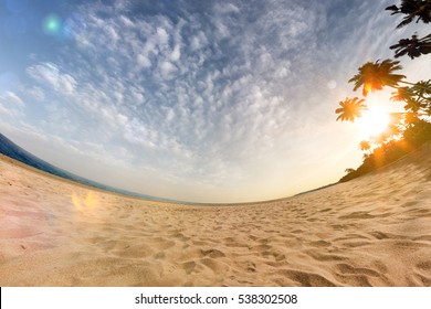 Sunny Beach Wide Angle Panoramic View Blue Sky And Sea 