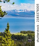 Sunny beautiful high angle view of the Yellowstone Lake landscape in Yellowstone National Park at Wyoming