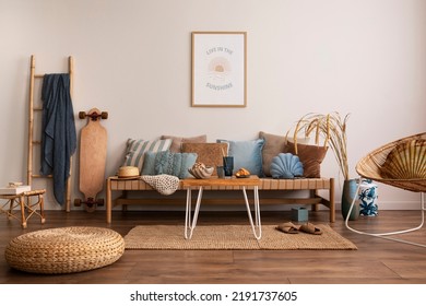 Sunny and bright space of living room with stylish sofa, pillows, coffee table, mock up poster frames, decorations, furnitures and personal accessories. Cozy home decor. Template. Summer vibe.	