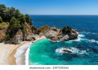 Sunny California beach with rocks and turquoise sea. Julia Pfeiffer beach, Big Sur. California, USA	 - Powered by Shutterstock