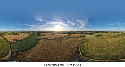 Sunny Cloudy Day Drone Shot Sunset On Country Side Of Uk