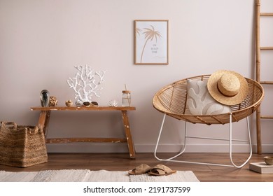 Sunny and cozy interior of living room with wooden bench, furniture, mock up poster frame, bamboo ladder, flowers in vase, decoration and personal accessories. Stylish home decor. Template.	
 - Powered by Shutterstock