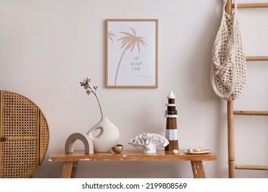 Sunny and cozy interior of living room with wooden bench, furniture, mock up poster frame, bamboo ladder, flowers in vase, decoration and personal accessories. Stylish home decor. Template.	 - Powered by Shutterstock