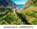 Sunny day with aerial view of Capelinha de Nossa Senhora de Fatima, Sao Vicente, Madeira Island, Portugal