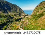 Sunny day with aerial view of Capelinha de Nossa Senhora de Fatima, Sao Vicente, Madeira Island, Portugal