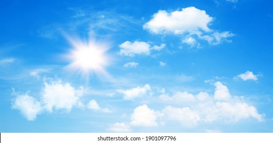 Sunny Day Background, Blue Sky With Cumulus Clouds And Summer Or Spring Sun As Nature Background.