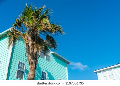 Sunny Day Blue Sky And Palm Tree Port Aransas , Texas Padre Island Coastal Homes Along Gulf Of Mexico Island Living. Rental And Vacation Homes Painted Bright Colorful Colors Near Corpus Christi , TX