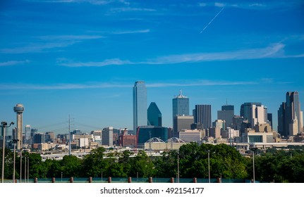 Sunny Day In Dallas Texas With A Blue Sky And Nice Downtown Skyline Cityscape Overlook Of The Mega North Texas City With Reunion Tower And High Skyscrapers