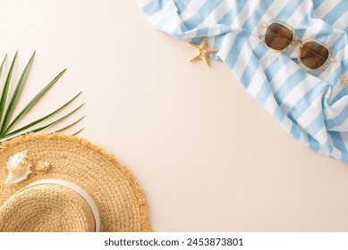 Sunny day essentials: top view of straw hat, shades, beach blanket, palm leaf, shells, and starfishes on a sandy backdrop, perfect for your summer message or promotion - Powered by Shutterstock