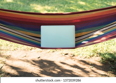 Sunny Day In The Garden, Silver-colored Laptop Lies On A Hammock, Back View