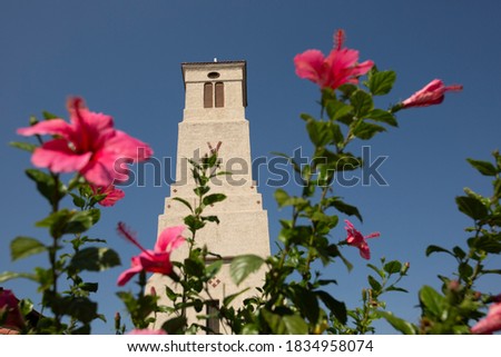 Sunny day time view of a historic church in the downtown area of Fontana, California, USA.