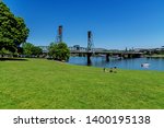 Sunny day at the Tom McCall Waterfront Park on the Willamette River near the Hawthorne Bridge Portland Oregon USA