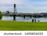 Sunny day at the Tom McCall Waterfront Park on the Willamette River near the Hawthorne Bridge Portland Oregon USA