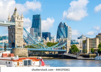 Sunny Day At The Tower Bridge And Financial District Of London