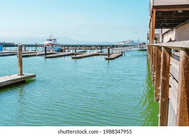  Sunny Day View of Pier 39 Marina with yachts and boats docking. San Francisco, USA - 17 Apr 2021