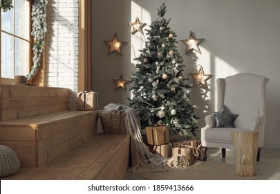 Sunny Decorated Room For Christmas With Tree And Armchair