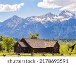 Sunny exterior view of the Chapel of the Transfiguration of Grand Teton National Park at Wyoming