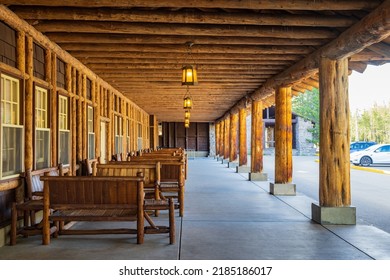 Sunny Exterior View Of The Old Faithful Lodge At Wyoming