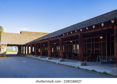 Sunny Exterior View Of The Old Faithful Lodge At Wyoming