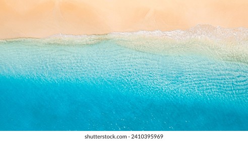 Sunny gold sandy beach, panorama. Panoramic view tranquil sandy beach. Peaceful sea waves shore. Ocean coast view. Aerial photography beachfront. Seaside exotic tropical Mediterranean nature landscape - Powered by Shutterstock