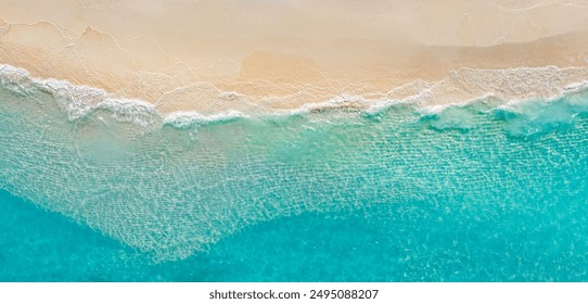 Sunny gold sandy beach, panorama. Panoramic view tranquil sandy beach. Peaceful sea waves shore. Ocean coast view. Aerial photography beachfront. Seaside exotic tropical Mediterranean nature landscape - Powered by Shutterstock