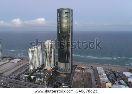 SUNNY ISLES BEACH - DECEMBER 20: Aerial image of the Porsche Design Tower completed 2016 located at 18555 Collins Avenue