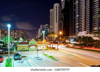 Sunny Isles Beach, FL, USA - August 1, 2022: Night Photo Pollo Tropical Restaurant On Collins Avenue